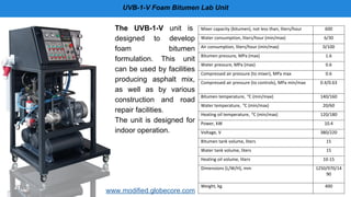 UVB-1-V Foam Bitumen Lab Unit
The UVB-1-V unit is
designed to develop
foam bitumen
formulation. This unit
can be used by facilities
producing asphalt mix,
as well as by various
construction and road
repair facilities.
The unit is designed for
indoor operation.
www.modified.globecore.com
Mixer capacity (bitumen), not less than, liters/hour 600
Water consumption, liters/hour (min/max) 6/30
Air consumption, liters/hour (min/max) 0/100
Bitumen pressure, MPa (max) 1.6
Water pressure, MPa (max) 0.6
Compressed air pressure (to mixer), MPa max 0.6
Compressed air pressure (to controls), MPa min/max 0.4/0.63
Bitumen temperature, o
C (min/max) 140/160
Water temperature, o
C (min/max) 20/60
Heating oil temperature, o
C (min/max) 120/180
Power, kW 10.4
Voltage, V 380/220
Bitumen tank volume, liters 15
Water tank volume, liters 15
Heating oil volume, liters 10-15
Dimensions (L/W/H), mm 1250/970/14
90
Weight, kg 400
 