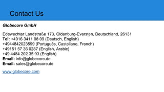 Contact Us
Globecore GmbH
Edewechter Landstraße 173, Oldenburg-Eversten, Deutschland, 26131
Tel: +4916 3411 08 09 (Deutsch, English)
+4944842023599 (Português, Castellano, French)
+49151 57 36 0287 (English, Arabic)
+49 4484 202 35 93 (English)
Email: info@globecore.de
Email: sales@globecore.de
www.globecore.com
 