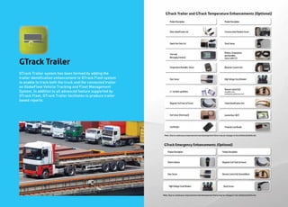 GTrack Trailer and GTrack Temperature Enhancements (Optional)

                                                                     Product Description                                      Product Description


                                                                     Driver Identification Set                                Concrete mixer Rotation Sensor



                                                                     Hands-free Voice Set                                     Shock Sensor


                                                                     Two-way                                                  Wireless Temperature
                                                                                                                              and Humidity
                                                                     Messaging Terminal

GTrack Trailer
                                                                                                                              Sensor with LCD


                                                                     Temperature/Humidity Sensor                              Kilometer Counter Unit

GTrack Trailer system has been formed by adding the
trailer identification enhancement to GTrack Fleet system            Door Sensor                                              High Voltage Circuit Breaker
to enable to track both the truck and the connected trailer
on GlobeFleet Vehicle Tracking and Fleet Management
                                                                                                                              Remote Control Unit
System. In addition to all advanced feature supported by             Li - ion Back-up Battery                                 (Immobilizer, sirens,
                                                                                                                              monitoring led, gradual motor arrest)
GTrack Fleet, GTrack Trailer facilitates to produce trailer
based reports.
                                                                     Magnetic Fuel Tank Lid Sensor                            Trailer Identification Unit



                                                                     Fuel Sensor (front board)                                Garmin Nuvi 465T



                                                                     Card Reader                                              Proximity Card Reader


                                                               Note: Due to continuous improvement and development there may be changes in the enhancements list.



                                                               GTrack Emergency Enhancements (Optional)

                                                                  Product Description                                       Product Description


                                                                  Distress Button                                           Magnetic Fuel Tank Lid Sensor



                                                                  Door Sensor                                               Remote Control Unit (Immobilizer)



                                                                    High Voltage Circuit Breaker                             Shock Sensor


                                                              Note: Due to continuous improvement and development there may be changes in the enhancements list.
 