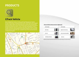 PRODUCTS



GTrack Vehicle
Part of GlobeFleet Vehicle Tracking and Fleet Management System,
GTrack Vehicle has a tracking unit which offers information such as speed,
location, engine idling, work start/stop times, virtual zone entrance/exit
                                                                              GTrack Vehicle Enhancements (Optional)
times and many other events of the vehicles within the fleet and produces
present and historical reports. In fact, it has been developed in order to       Product Description                                       Product Description
provide customers with an economical alternative which allows a limited
number of sensors having Globe Fleet quality standards to be connected.
GTrack Vehicle enables the user to benefit most of the essential features        Distress Button                                           Magnetic Fuel Tank Lid Sensor
of GlobeFleet System.

                                                                                 Door Sensor                                               Remote Control Unit (Immobilizer)



                                                                                   High Voltage Circuit Breaker                             Shock Sensor


                                                                             Note: Due to continuous improvement and development there may be changes in the enhancements list.
 
