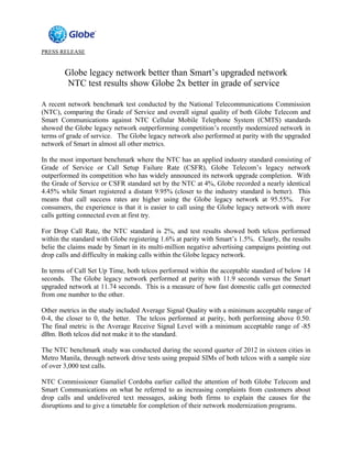 PRESS RELEASE


        Globe legacy network better than Smart’s upgraded network
        NTC test results show Globe 2x better in grade of service

A recent network benchmark test conducted by the National Telecommunications Commission
(NTC), comparing the Grade of Service and overall signal quality of both Globe Telecom and
Smart Communications against NTC Cellular Mobile Telephone System (CMTS) standards
showed the Globe legacy network outperforming competition’s recently modernized network in
terms of grade of service. The Globe legacy network also performed at parity with the upgraded
network of Smart in almost all other metrics.

In the most important benchmark where the NTC has an applied industry standard consisting of
Grade of Service or Call Setup Failure Rate (CSFR), Globe Telecom’s legacy network
outperformed its competition who has widely announced its network upgrade completion. With
the Grade of Service or CSFR standard set by the NTC at 4%, Globe recorded a nearly identical
4.45% while Smart registered a distant 9.95% (closer to the industry standard is better). This
means that call success rates are higher using the Globe legacy network at 95.55%. For
consumers, the experience is that it is easier to call using the Globe legacy network with more
calls getting connected even at first try.

For Drop Call Rate, the NTC standard is 2%, and test results showed both telcos performed
within the standard with Globe registering 1.6% at parity with Smart’s 1.5%. Clearly, the results
belie the claims made by Smart in its multi-million negative advertising campaigns pointing out
drop calls and difficulty in making calls within the Globe legacy network.

In terms of Call Set Up Time, both telcos performed within the acceptable standard of below 14
seconds. The Globe legacy network performed at parity with 11.9 seconds versus the Smart
upgraded network at 11.74 seconds. This is a measure of how fast domestic calls get connected
from one number to the other.

Other metrics in the study included Average Signal Quality with a minimum acceptable range of
0-4, the closer to 0, the better. The telcos performed at parity, both performing above 0.50.
The final metric is the Average Receive Signal Level with a minimum acceptable range of -85
dBm. Both telcos did not make it to the standard.

The NTC benchmark study was conducted during the second quarter of 2012 in sixteen cities in
Metro Manila, through network drive tests using prepaid SIMs of both telcos with a sample size
of over 3,000 test calls.

NTC Commissioner Gamaliel Cordoba earlier called the attention of both Globe Telecom and
Smart Communications on what he referred to as increasing complaints from customers about
drop calls and undelivered text messages, asking both firms to explain the causes for the
disruptions and to give a timetable for completion of their network modernization programs.
 
