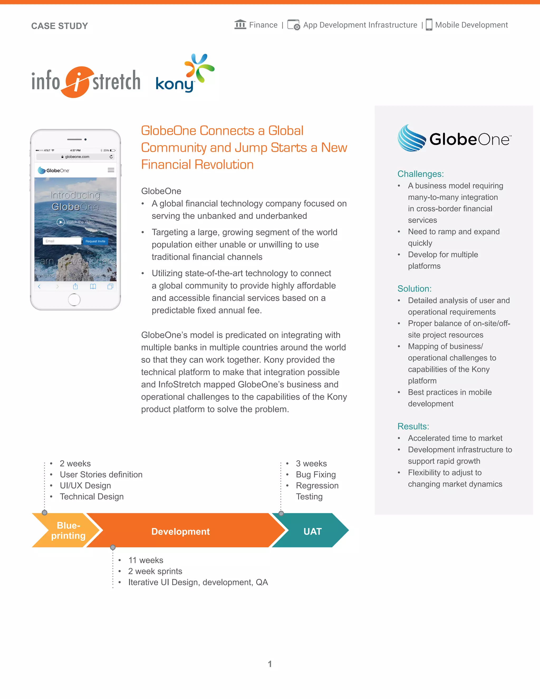 Finance | App Development Infrastructure | Mobile Development
GlobeOne Connects a Global
Community and Jump Starts a New
Financial Revolution
CASE STUDY
1
GlobeOne
•	 A global ﬁnancial technology company focused on
serving the unbanked and underbanked
•	 Targeting a large, growing segment of the world
population either unable or unwilling to use
traditional ﬁnancial channels
•	 Utilizing state-of-the-art technology to connect
a global community to provide highly affordable
and accessible ﬁnancial services based on a
predictable fixed annual fee.
GlobeOne’s model is predicated on integrating with
multiple banks in multiple countries around the world
so that they can work together. Kony provided the
technical platform to make that integration possible
and InfoStretch mapped GlobeOne’s business and
operational challenges to the capabilities of the Kony
product platform to solve the problem.
Blue-
printing Development UAT
•	 2 weeks
•	 User Stories definition
•	 UI/UX Design
•	 Technical Design
•	 11 weeks
•	 2 week sprints
•	 Iterative UI Design, development, QA
•	 3 weeks
•	 Bug Fixing
•	 Regression
Testing
Challenges:
•	 A business model requiring
many-to-many integration
in cross-border financial
services
•	 Need to ramp and expand
quickly
•	 Develop for multiple
platforms
Solution:
•	 Detailed analysis of user and
operational requirements
•	 Proper balance of on-site/off-
site project resources
•	 Mapping of business/
operational challenges to
capabilities of the Kony
platform
•	 Best practices in mobile
development
Results:
•	 Accelerated time to market
•	 Development infrastructure to
support rapid growth
•	 Flexibility to adjust to
changing market dynamics
 