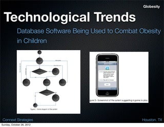 Globesity


 Technological Trends
            Database Software Being Used to Combat Obesity
            in Children




 Connext Strategies                                 Houston. TX
Sunday, October 28, 2012
 