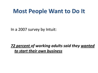 Most People Want to Do It
In a 2007 survey by Intuit:

72 percent of working adults said they wanted
to start their own bu...
