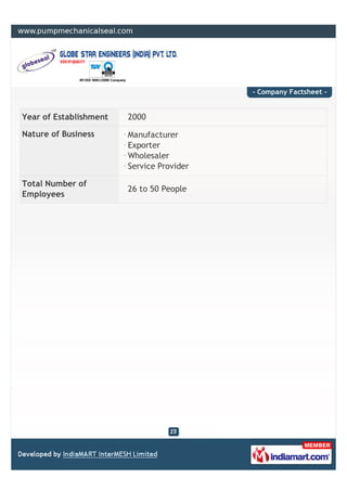 - Company Factsheet -


Year of Establishment   2000

Nature of Business      Manufacturer
                        Exporter
                        Wholesaler
                        Service Provider

Total Number of
                        26 to 50 People
Employees
 