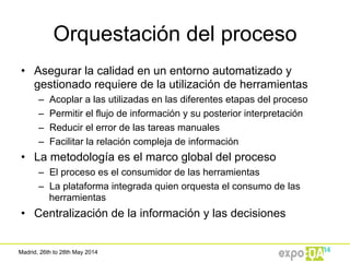 Madrid, 26th to 28th May 2014
Orquestación del proceso
•  Asegurar la calidad en un entorno automatizado y
gestionado requiere de la utilización de herramientas
–  Acoplar a las utilizadas en las diferentes etapas del proceso
–  Permitir el flujo de información y su posterior interpretación
–  Reducir el error de las tareas manuales
–  Facilitar la relación compleja de información
•  La metodología es el marco global del proceso
–  El proceso es el consumidor de las herramientas
–  La plataforma integrada quien orquesta el consumo de las
herramientas
•  Centralización de la información y las decisiones
 