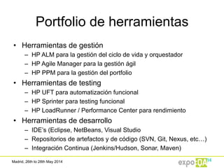 Madrid, 26th to 28th May 2014
Portfolio de herramientas
•  Herramientas de gestión
–  HP ALM para la gestión del ciclo de vida y orquestador
–  HP Agile Manager para la gestión ágil
–  HP PPM para la gestión del portfolio
•  Herramientas de testing
–  HP UFT para automatización funcional
–  HP Sprinter para testing funcional
–  HP LoadRunner / Performance Center para rendimiento
•  Herramientas de desarrollo
–  IDE’s (Eclipse, NetBeans, Visual Studio
–  Repositorios de artefactos y de código (SVN, Git, Nexus, etc…)
–  Integración Continua (Jenkins/Hudson, Sonar, Maven)
 