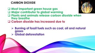 CARBON DIOXIDE 
 Most important green house gas 
 Major contributor to global warming 
 Plants and animals release carbon dioxide when 
they breathe 
 Carbon dioxide has increased due to 
 Burning of fossil fuels such as coal, oil and natural 
gases 
 Global deforestation 
 