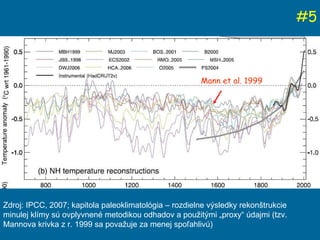# 5 Zdroj: IPCC, 2007; kapitola paleoklimatológia – rozdielne výsledky rekonštrukcie minulej klímy sú ovplyvnené metodikou odhadov a použitými „proxy“ údajmi (tzv. Mannova krivka z r. 1999 sa považuje za menej spoľahlivú) Mann et al. 1999 