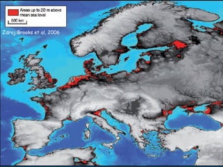 # 9 Zdroj: The Future oceans – Warming up, Rising high, turning sour – Special report 2006  Podľa posledných údajov sa zdá, že nárast morskej hladiny bude rýchlejší ako sa predpokladá v IPCC 200 1  – t.j.  18 až  59  cm  do roku 2100 – proces topenia nie je lineárny, podľa niektorých vedcov môže byť nárast až  1-2 metre  (rast hladiny svetového oceánu je zložený z teplotnej dilatácie vody a z prítoku vody z roztopených ľadovcov) V minulosti bol nárast morskej hladiny aj  5m/storočie  ( Clark et al. 2004 ) Zdroj:Brooks et al, 2006 