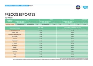 lista de preços em real / abr-jun 2012                          Pág 13




Preços esportes
rich media
                                                    polite                                                                   vídeo                                                      outlimit                            expansível
    formatos
     básicos          Top Banner, Ret. Médio 1 e 2,                                             Top Banner, Ret. Médio 1 e 2,                                        Top Banner, Ret. Médio 1 e 2,
                                                            Mega Banner            DHTML                                           Mega Banner         DHTML                                             Mega Banner         Mega Banner
                          Banner Meia Página                                                        Banner Meia Página                                                   Banner Meia Página
 Acréscimo % preço          Não há acréscimo             Não há acréscimo           + 15%              Não há acréscimo                + 30%            + 15%                     + 15%                      + 100%              + 100%


                                                                                            Side Tabs                                                                  Fullscreen - diária em dia útil
        formatos especiais
                                                                                         Diária (dia útil)                                             Formato Base: Mega Banner (GE Capa) / Retângulo Médio 1 (demais sites)
        Globoesporte.com Capa                                                                143.500                                                                                        244.500

             Futebol Capa                                                                      9.600                                                                                        20.200

      Futebol Internacional Capa                                                              15.000                                                                                        24.500

              Atlético MG                                                                     10.000                                                                                        29.500

               Botafogo                                                                       20.300                                                                                        48.700

              Corinthians                                                                     39.400                                                                                        131.500

               Cruzeiro                                                                       16.500                                                                                        39.500

               Flamengo                                                                       49.100                                                                                        200.900

              Fluminense                                                                      20.700                                                                                        49.700

                Grêmio                                                                        18.400                                                                                        44.100

             Internacional                                                                    14.300                                                                                        34.400

               Palmeiras                                                                      32.200                                                                                        87.800

                Santos                                                                        24.600                                                                                        67.100

                 SPFC                                                                         42.500                                                                                        115.800

                 Vasco                                                                        34.700                                                                                        94.100
                                                                                                                                                            Preços não incluem custos da empresa terceira, fornecedora da tecnologia rich media.
               *Para os formatos especiais é necessária a aprovação prévia da criação pela Globo.com. Também nestes casos, o custo do terceiro poderá ser pago diretamente à Globo.com, que possui contratos de parceria com os fornecedores.
 