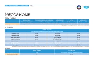 lista de preços em real / abr-jun 2012                         Pág 2




Preços home
cotas / diárias
                                             Cota Mensal                       Patrocínio Mensal de Categoria                               Mega Banner                            DHTML                            Mid Banner
                                      Slim Banner + Mídia de apoio*                     Insert de Marca + Mídia de apoio*                 Dia útil           Fds            Dia útil             Fds          Dia útil           Fds

     Home Globo.com                               490.000                                            220.000                              180.000          103.000          180.000             103.000       33.000           20.000
                                                                                                                                                           *Mídia de apoio: veiculação ROS por segmento (notícias/esportes/entretenimento).


rich media
                                                                                                    Diárias (dia útil)
                                                                  Preços não incluem custos da empresa terceira, fornecedora da tecnologia rich media

           Mega Banner Polite                                                 180.000                                                   DHTML Polite                                                      234.000

           Mega Banner Vídeo                                                  234.000                                                   DHTML Vídeo                                                       234.000

          Mega Banner Outlimit                                                360.000                                                DHTML Fullscreen*                                                    578.000

         Mega Banner Expansível                                               360.000                                              DHTML Banner Stage*                                                    578.000

         Mega Banner Fullscreen*                                              578.000                                               DHTML Pull Banner*                                                    541.000

          Mega Banner Explod*                                                 360.000                                               DHTML Side Banner*                                                    541.000

               Intervenção                                                 Sob consulta                                                   Peelback*                                                       397.000
             *Para os formatos destacados é necessária a aprovação prévia da criação pela Globo.com. Também nestes casos, o custo do terceiro poderá ser pago diretamente à Globo.com, que possui contratos de parceria com os fornecedores.

mobile
                                                                        mobile banner                                                                                          cota mensal
                                                                                 CPM                                                                      Home Globo.com Mobile + G1 / Globoesporte.com Mobile

  Home Globo.com mobile                                                            84                                                                                                  60.000
 