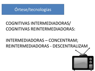 Órtese/tecnologias
COGNITIVAS INTERMEDIADORAS/
COGNITIVAS REINTERMEDIADORAS:
INTERMEDIADORAS – CONCENTRAM;
REINTERMEDIADORAS - DESCENTRALIZAM
 