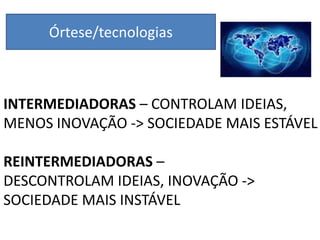 Órtese/tecnologias
INTERMEDIADORAS – CONTROLAM IDEIAS,
MENOS INOVAÇÃO -> SOCIEDADE MAIS ESTÁVEL
REINTERMEDIADORAS –
DESCONTROLAM IDEIAS, INOVAÇÃO ->
SOCIEDADE MAIS INSTÁVEL
 