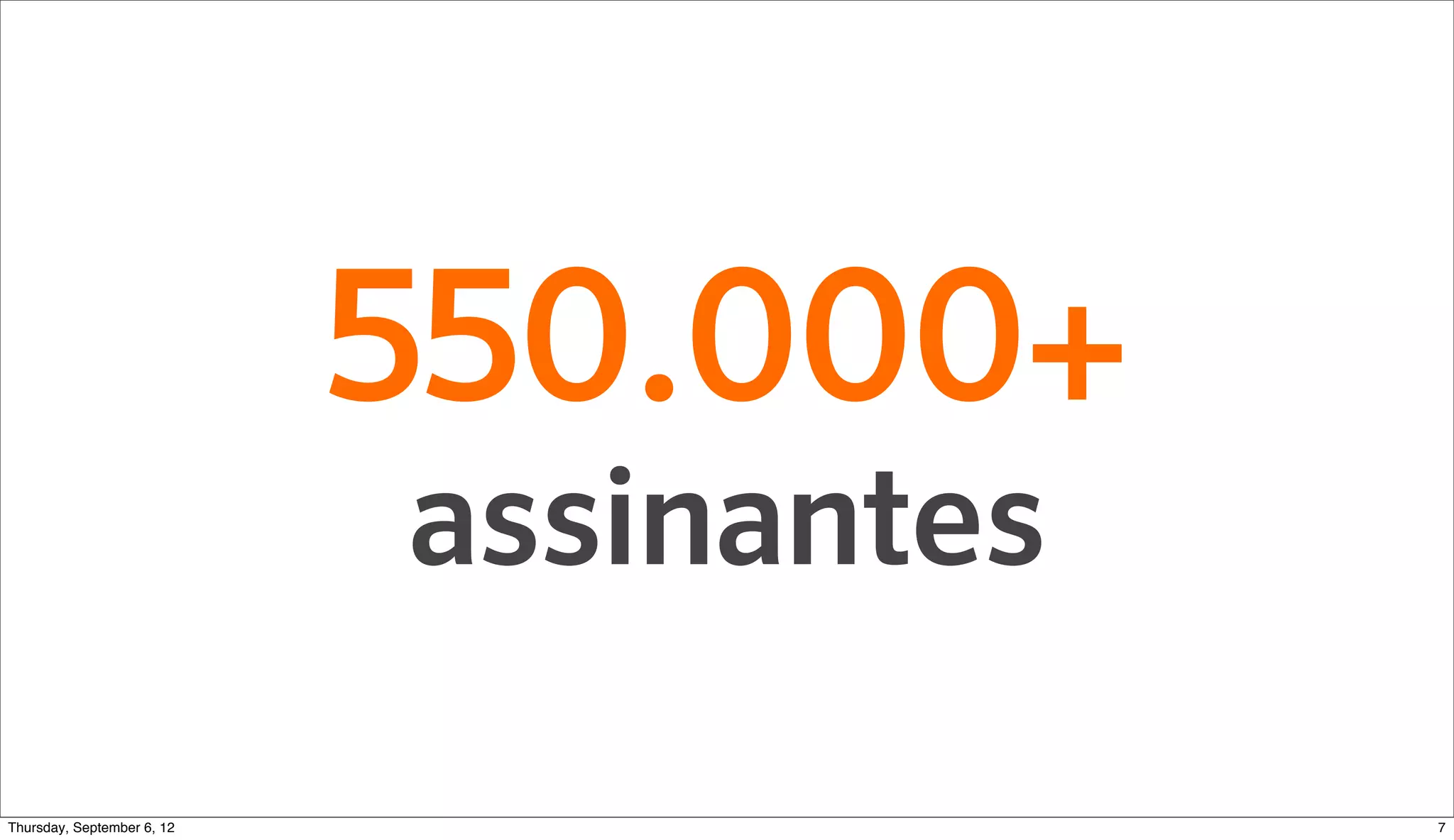 550.000+
                          assinantes
Sunday, September 9, 12                7
 