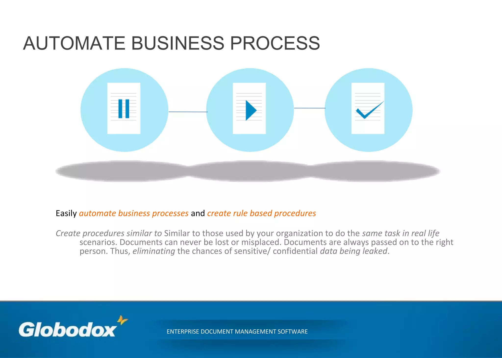 AUTOMATE BUSINESS PROCESS
ENTERPRISE DOCUMENT MANAGEMENT SOFTWARE
Easily automate business processes and create rule based procedures
Create procedures similar to Similar to those used by your organization to do the same task in real life
scenarios. Documents can never be lost or misplaced. Documents are always passed on to the right
person. Thus, eliminating the chances of sensitive/ confidential data being leaked.
 