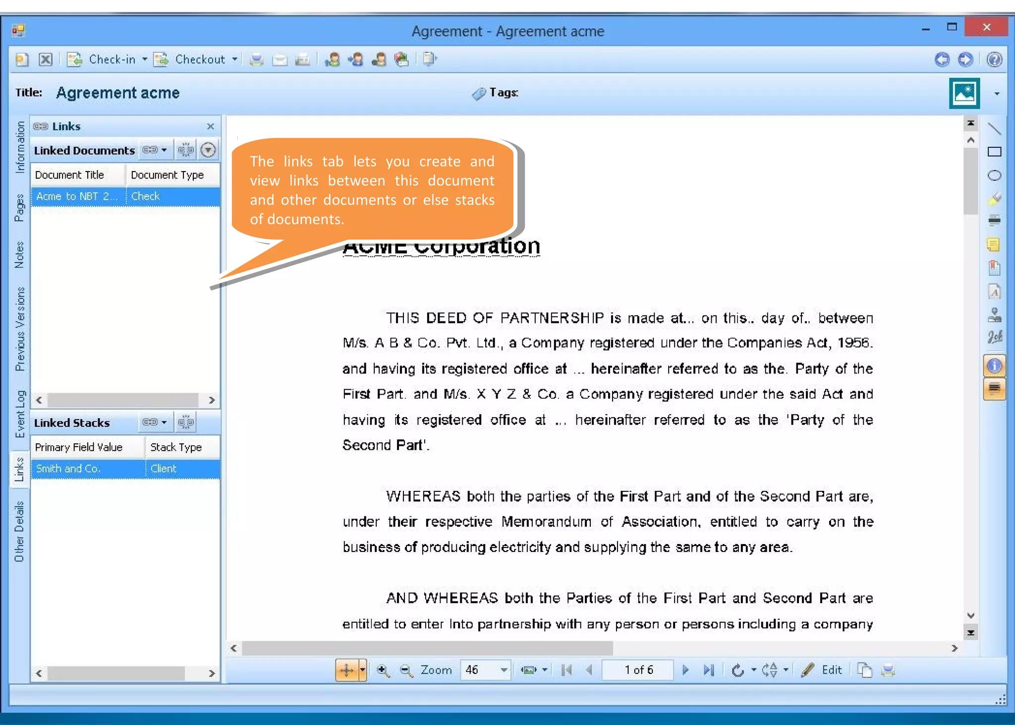 The links tab lets you create and
view links between this document
and other documents or else stacks
of documents.
The links tab lets you create and
view links between this document
and other documents or else stacks
of documents.
 
