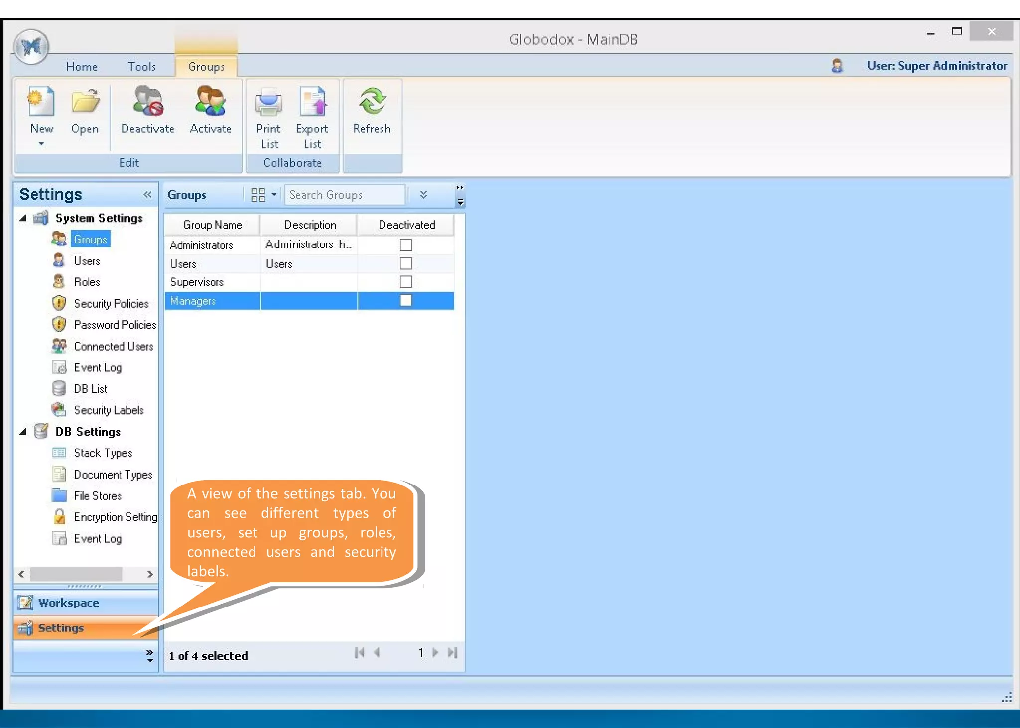 A view of the settings tab. You
can see different types of
users, set up groups, roles,
connected users and security
labels.
A view of the settings tab. You
can see different types of
users, set up groups, roles,
connected users and security
labels.
 