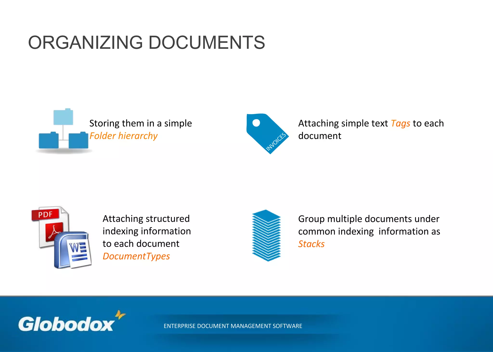 ORGANIZING DOCUMENTS
ENTERPRISE DOCUMENT MANAGEMENT SOFTWARE
Attaching simple text Tags to each
document
Attaching structured
indexing information
to each document
DocumentTypes
Group multiple documents under
common indexing information as
Stacks
Storing them in a simple
Folder hierarchy
 