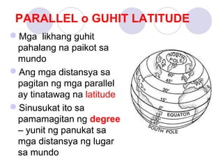 PARALLEL o GUHIT LATITUDE
Mga likhang guhit
pahalang na paikot sa
mundo
Ang mga distansya sa
pagitan ng mga parallel
ay tinatawag na latitude
Sinusukat ito sa
pamamagitan ng degree
– yunit ng panukat sa
mga distansya ng lugar
sa mundo
 