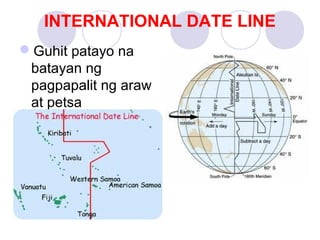 INTERNATIONAL DATE LINE
Guhit patayo na
batayan ng
pagpapalit ng araw
at petsa
Nasa 180 o
longitude
 
