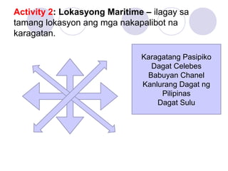 Activity 2: Lokasyong Maritime – ilagay sa
tamang lokasyon ang mga nakapalibot na
karagatan.
Karagatang Pasipiko
Dagat Celebes
Babuyan Chanel
Kanlurang Dagat ng
Pilipinas
Dagat Sulu
 