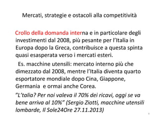 Mercati, strategie e ostacoli alla competitività
Crollo della domanda interna e in particolare degli
investimenti dal 2008, più pesante per l’Italia in
Europa dopo la Greca, contribuisce a questa spinta
quasi esasperata verso i mercati esteri.
Es. macchine utensili: mercato interno più che
dimezzato dal 2008, mentre l’Italia diventa quarto
esportatore mondiale dopo Cina, Giappone,
Germania e ormai anche Corea.
”L’talia? Per noi valeva il 70% dei ricavi, oggi se va
bene arriva al 10%” (Sergio Ziotti, macchine utensili
lombarde, Il Sole24Ore 27.11.2013)

4

 