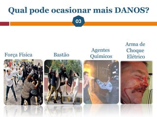 Qual pode ocasionar mais DANOS?
Força Física
Arma de
Choque
Elétrico
Agentes
QuímicosBastão
 