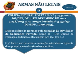 POLÍCIA FEDERAL PORTARIA Nº 3.233/2012-
DG/DPF, DE 10 DE DEZEMBRO DE 2012.
3.258/2013 14.01.2013 e Portaria nº 3.559/13-
DG/DPF, 10.06.2013).
Dispõe sobre as normas relacionadas às atividades
de Segurança Privada; Seção II - Dos Cursos de
Formação, Extensão e Reciclagem Art. 114, 115. (...)
§ 3º Para o uso de armas e munições não-letais o vigilante
deve possuir curso de extensão específico.
PORT.3.233
 
