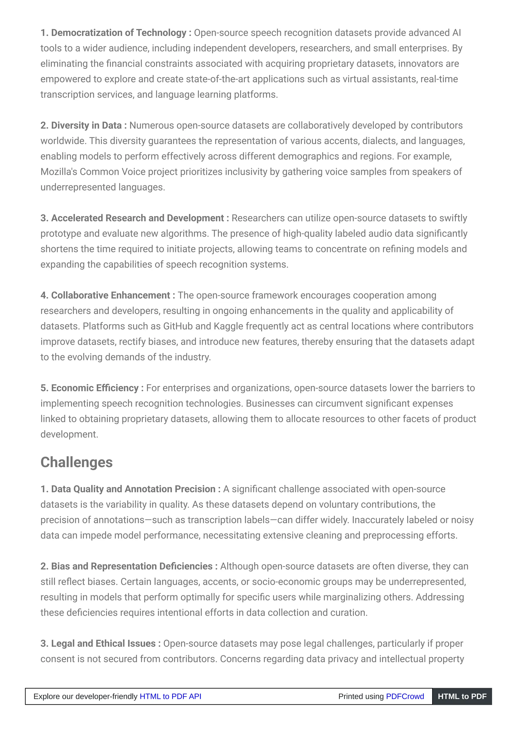 Open Source Speech Recognition Datasets: Opportunities and Challenges | PDF