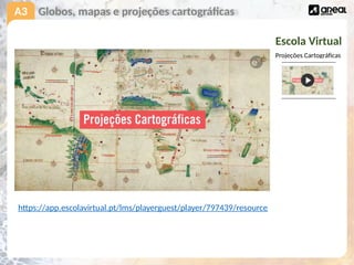 A3 Globos, mapas e projeções cartográficas
https://app.escolavirtual.pt/lms/playerguest/player/797439/resource
Escola Virtual
Projeções Cartográficas
 