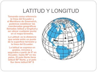 LATITUD Y LONGITUD
Tomando como referencia
la línea del Ecuador y
el Meridiano de Greenwich,
podemos establecer las
coordenadas geográficas
llamadas latitud y longitud y
así ubicar cualquier punto
en el mapa terrestre.
La Latitud: es la distancia
que existe entre un punto
de la superficie terrestre y
la línea del Ecuador.
La latitud se expresa en
grados, minutos y
segundos a partir de 0º en
Ecuador, hasta 90º en los
polos. El polo Norte tiene
latitud 90º Norte, y el polo
Sur tiene latitud 90º S
 