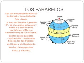LOS PARARELOS
Son círculos perpendiculares al
eje terrestre, con orientación
Este - Oeste.
La línea del Ecuador o paralelo
O°, es el de mayor extensión y
divide a la Tierra en dos
hemisferios: el Norte o
Septentrional y el Sur o Austral.
Existen cuatro paralelos
considerados coordenadas
básicas, los dos trópicos:
de Cáncer y de Capricornio,
los dos círculos polares:
Ártico y Antártico.
 