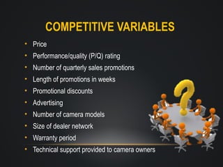 COMPETITIVE VARIABLES
• Price
• Performance/quality (P/Q) rating
• Number of quarterly sales promotions
• Length of promotions in weeks
• Promotional discounts
• Advertising
• Number of camera models
• Size of dealer network
• Warranty period
• Technical support provided to camera owners

 