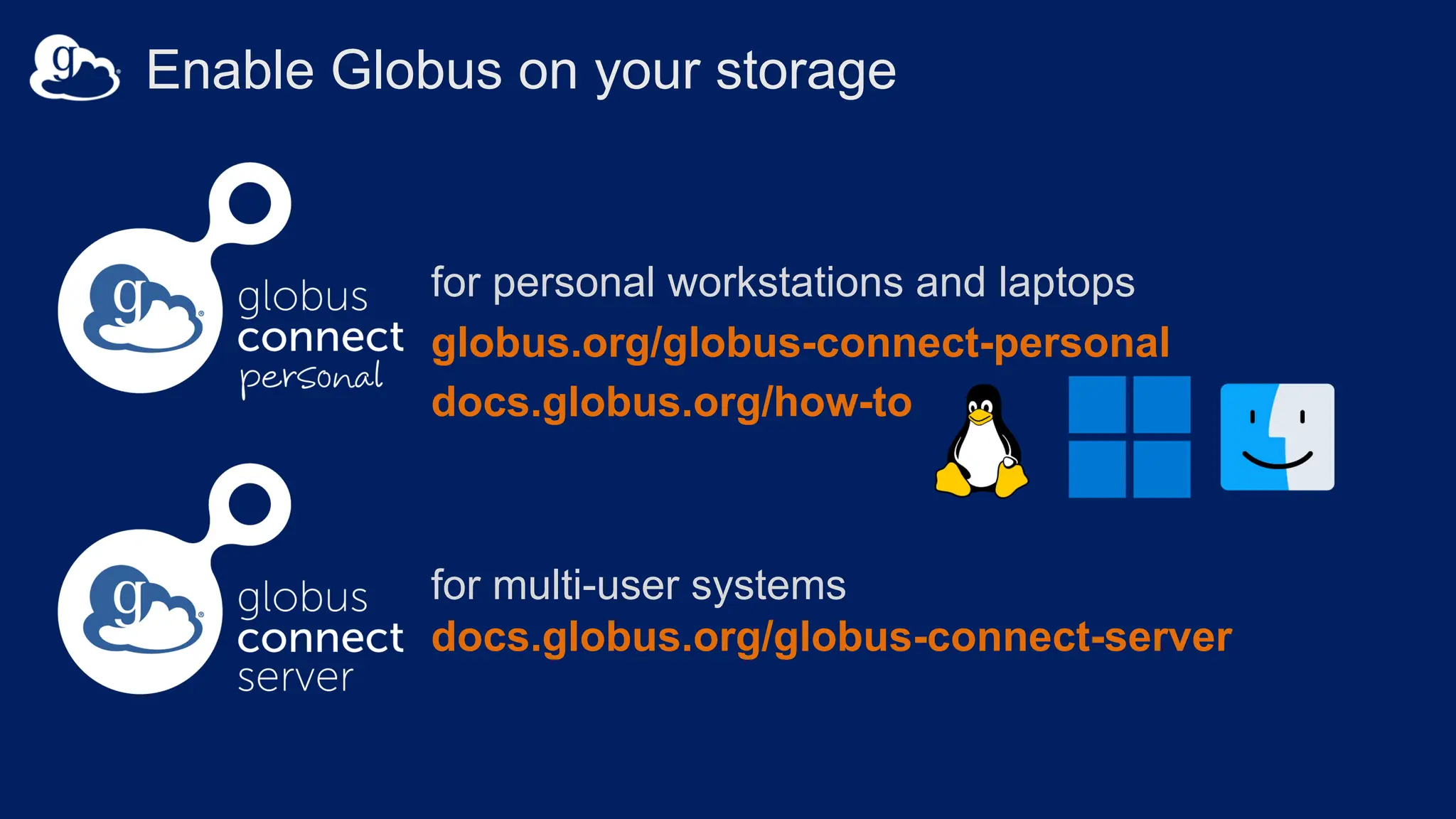 for multi-user systems
docs.globus.org/globus-connect-server
for personal workstations and laptops
globus.org/globus-connect-personal
docs.globus.org/how-to
Enable Globus on your storage
 