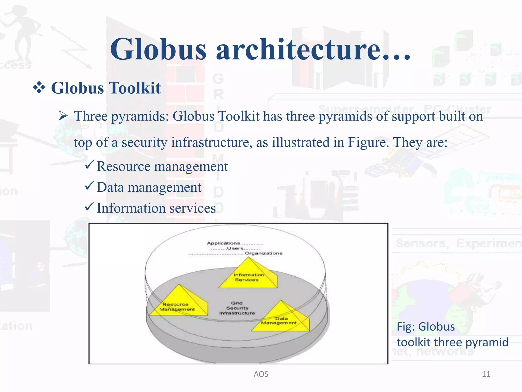 Globus architecture…
 Globus Toolkit
 Three pyramids: Globus Toolkit has three pyramids of support built on
top of a security infrastructure, as illustrated in Figure. They are:
Resource management
Data management
Information services
11AOS
Fig: Globus
toolkit three pyramid
 