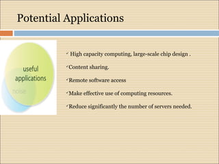 Potential Applications 
 High capacity computing, large-scale chip design . 
Content sharing. 
Remote software access 
Make effective use of computing resources. 
Reduce significantly the number of servers needed. 
 