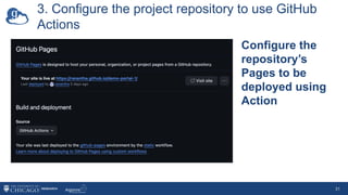 3. Configure the project repository to use GitHub
Actions
31
Configure the
repository’s
Pages to be
deployed using
Action
 