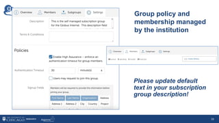 39
Group policy and
membership managed
by the institution
Please update default
text in your subscription
group description!
 