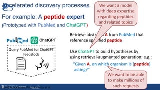 Query PubMed for ChatGPT
feedstock
Accelerated discovery processes
For example: A peptide expert
(Prototyped with PubMed and ChatGPT)
Retrieve abstracts A from PubMed that
reference specified peptide
Use ChatGPT to build hypotheses by
using retrieval-augmented generation: e.g.:
“Given A, on which organism is {peptide}
acting?”
Arvind Ramanathan, Priyanka Setty, et al.
We want a model
with deep expertise
regarding peptides
and related topics
We want to be able
to make millions of
such requests
 