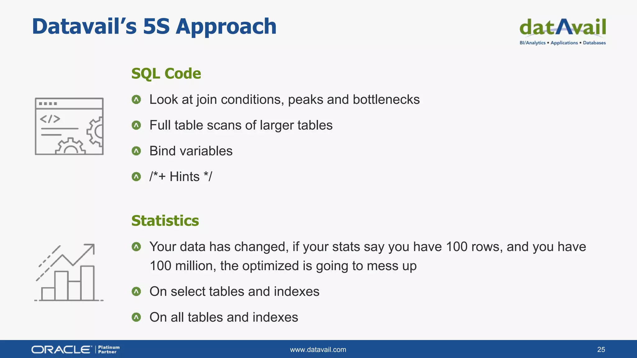 www.datavail.com 25
Datavail’s 5S Approach
SQL Code
Look at join conditions, peaks and bottlenecks
Full table scans of larger tables
Bind variables
/*+ Hints */
Statistics
Your data has changed, if your stats say you have 100 rows, and you have
100 million, the optimized is going to mess up
On select tables and indexes
On all tables and indexes
 
