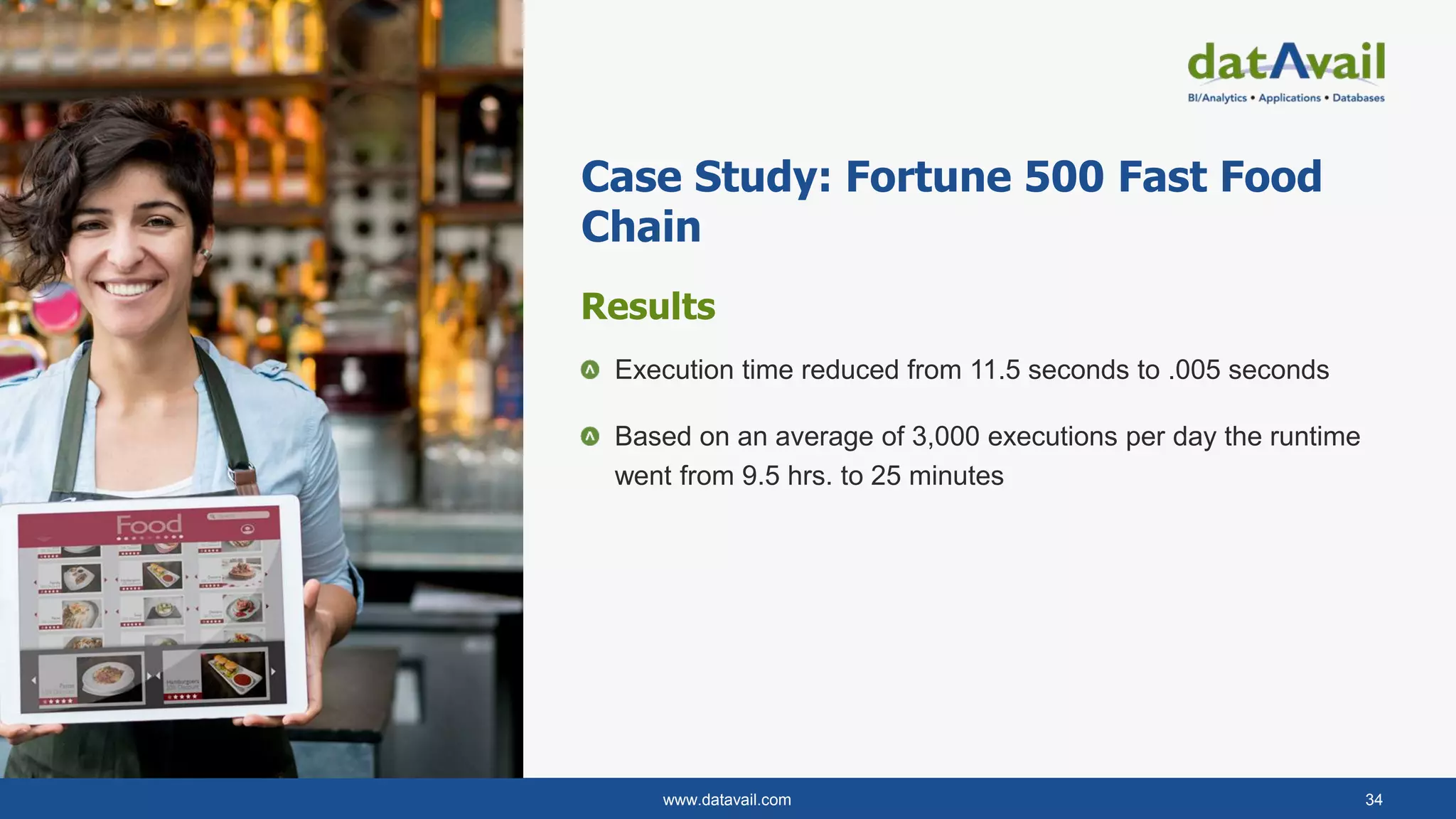 www.datavail.com 34
Case Study: Fortune 500 Fast Food
Chain
Results
Execution time reduced from 11.5 seconds to .005 seconds
Based on an average of 3,000 executions per day the runtime
went from 9.5 hrs. to 25 minutes
 