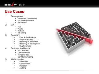 Use Cases
1. Development
• Parallelized Environments
• Full size environments
• Self Service
2. QA
• Fast
• Parallel
• Rollback
• A/B testing
3. Recovery
• Prod & Dev Backups
• Surgical recovery
• Recovery of Production
• Recovery of Development
• Bug Forensics
4. Business Intelligence
• 24x7 Batches
• Low Bandwidth
• Temporal Data
• Confidence Testing
5. Modernization
• Federated
• Consolidation
• Migration
• Auditing
 