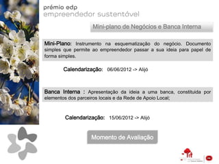 Mini-plano de Negócios e Banca Interna

Mini-Plano: Instrumento na esquematização do negócio. Documento
simples que permite ao empreendedor passar a sua ideia para papel de
forma simples.

        Calendarização: 06/06/2012 -> Alijó



Banca Interna : Apresentação da ideia a uma banca, constituida por
elementos dos parceiros locais e da Rede de Apoio Local;



         Calendarização: 15/06/2012 -> Alijó


                    Momento de Avaliação
 