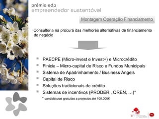 Montagem Operação Financiamento

Consultoria na procura das melhores alternativas de financiamento
do negócio




    PAECPE (Micro-invest e Invest+) e Microcrédito
    Finicia – Micro-capital de Risco e Fundos Municipais
    Sistema de Apadrinhamento / Business Angels
    Capital de Risco
    Soluções tradicionais de crédito
    Sistemas de incentivos (PRODER , QREN, …)*
     * candidaturas gratuitas a projectos até 100.000€
 