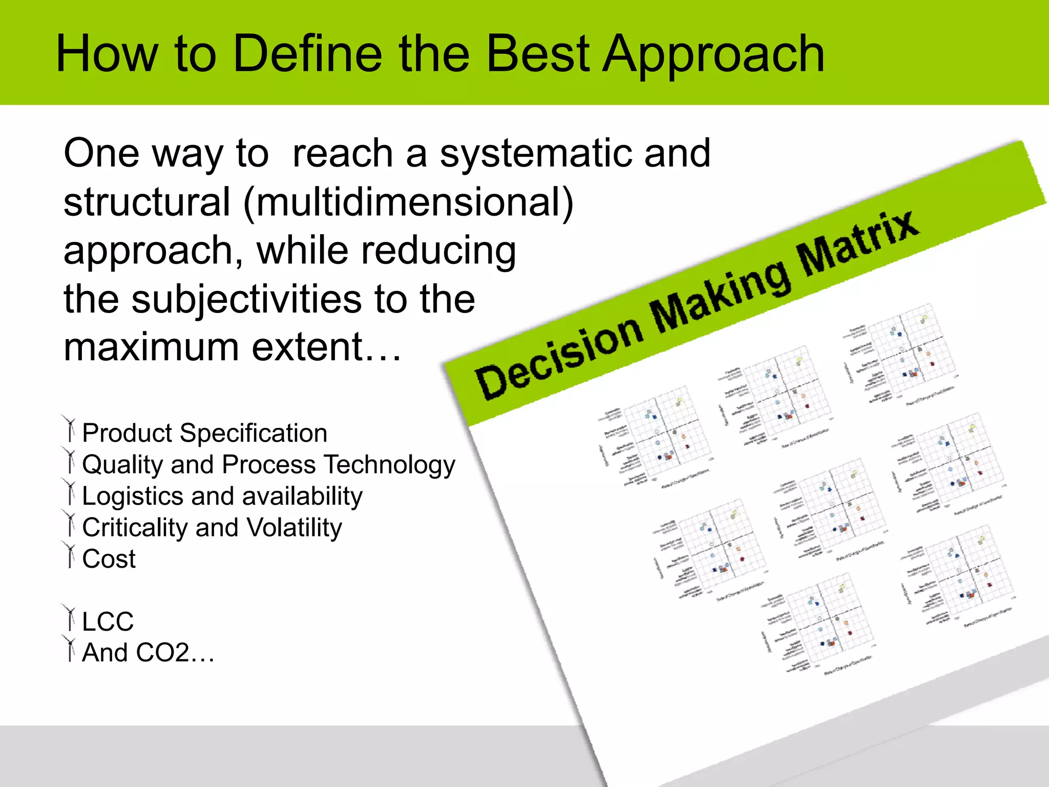 How to Define the Best Approach
One way to reach a systematic and
structural (multidimensional)
approach, while reducing
the subjectivities to the
maximum extent…
 Product Specification
 Quality and Process Technology
 Logistics and availability
 Criticality and Volatility
 Cost

 LCC
 And CO2…
 