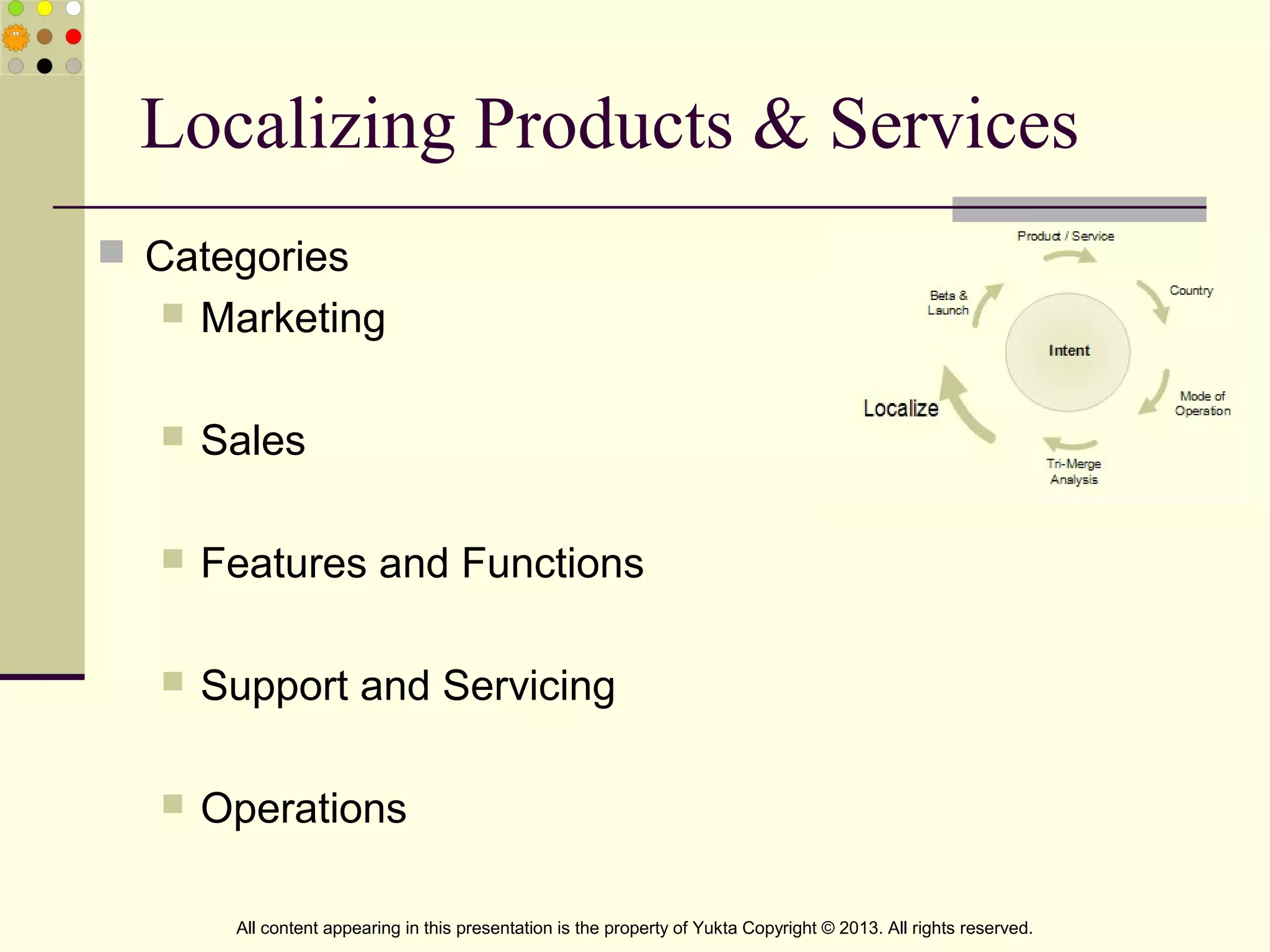 Localizing Products & Services
 Categories
 Marketing
 Sales
 Features and Functions
 Support and Servicing
 Operations
All content appearing in this presentation is the property of Yukta Copyright © 2013. All rights reserved.
 
