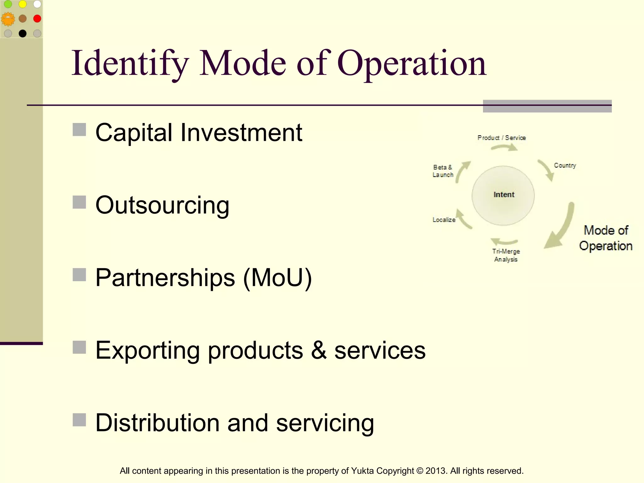 Identify Mode of Operation
 Capital Investment
 Outsourcing
 Partnerships (MoU)
 Exporting products & services
 Distribution and servicing
All content appearing in this presentation is the property of Yukta Copyright © 2013. All rights reserved.
 