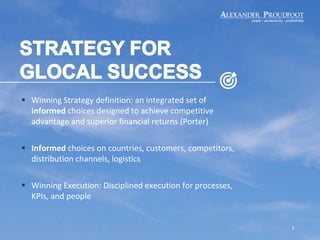 3 
© Alexander Proudfoot Company All rights reserved 
 Winning Strategy definition: an integrated set of 
informed choices designed to achieve competitive 
advantage and superior financial returns (Porter) 
 Informed choices on countries, customers, competitors, 
distribution channels, logistics 
 Winning Execution: Disciplined execution for processes, 
KPIs, and people 
 