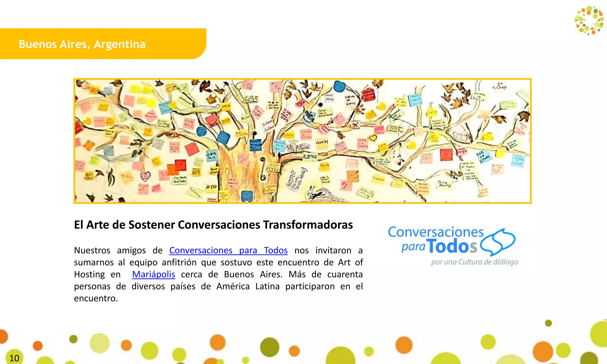 Buenos Aires, Argentina
El Arte de Sostener Conversaciones Transformadoras
Nuestros amigos de Conversaciones para Todos nos invitaron a
sumarnos al equipo anfitrión que sostuvo este encuentro de Art of
Hosting en Mariápolis cerca de Buenos Aires. Más de cuarenta
personas de diversos países de América Latina participaron en el
encuentro.
26
 